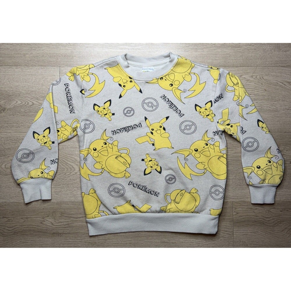 Youth Pokemon Fleece Sweater Pikachu All Over Print Size Small S Beige Yellow